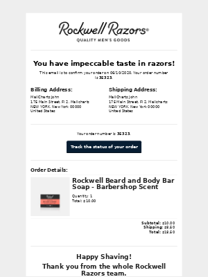 order confirmation email by Rockwell Razors