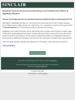 Sinclair Broadcast Group - Broadcast Partners Announce Conrad Clemson as Chief Executive Officer of EdgeBeam Wireless
