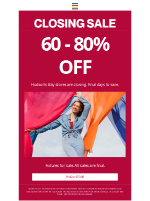 Hudson's Bay (Canada) - The countdown is on: Up to 80% off ends soon❗