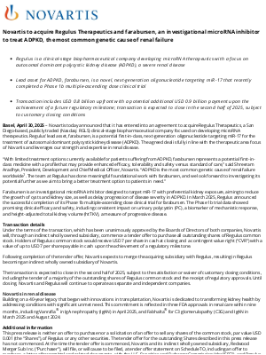 Novartis - Novartis to acquire Regulus Therapeutics and farabursen, an investigational microRNA inhibitor to treat ADPKD, the most common genetic cause of renal failure