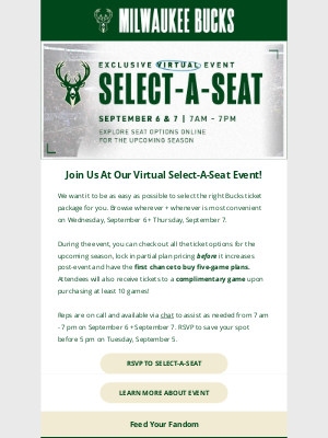 Milwaukee Bucks - You're Invited: Virtual Select-A-Seat Event On September 6 + 7