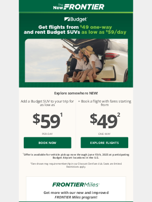 Frontier Airlines - SAVE BIG! Get $49 Flights & $59/day SUVs!