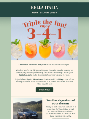 Bella Italia (United Kingdom) - Last Chance to Triple Your Spritz! 🍹🍹🍹
