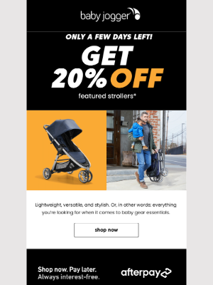 Baby Jogger - get 20% off featured strollers before it’s too late