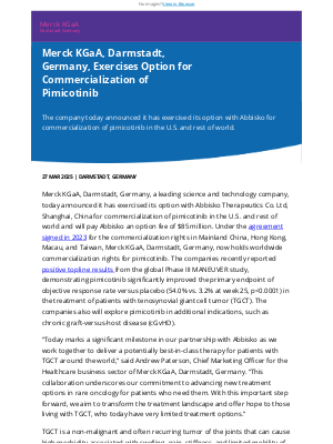 Merck KGaA - Merck KGaA, Darmstadt, Germany, Exercises Option for Commercialization of Pimicotinib