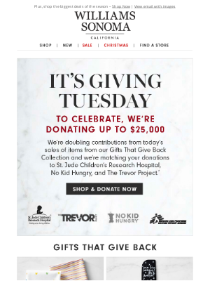 Giving Tuesday emails - Example by Williams Sonoma