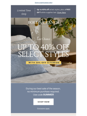 Boll & Branch - 🚨Last day for up to 40% off select styles