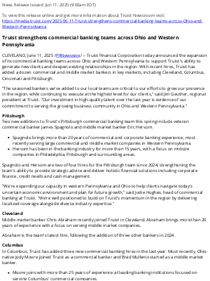 Truist Financial - Truist strengthens commercial banking teams across Ohio and Western Pennsylvania