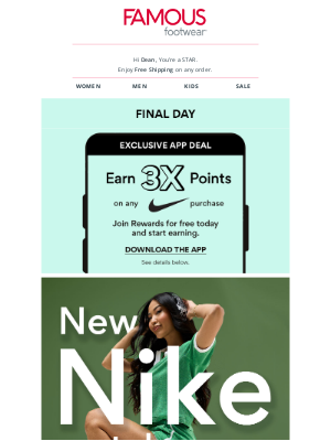 Famous Footwear - 3X Points on NEW Nike