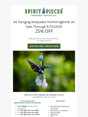 Beyond the Urn - 25% off on Hanging Memorial Hummingbirds