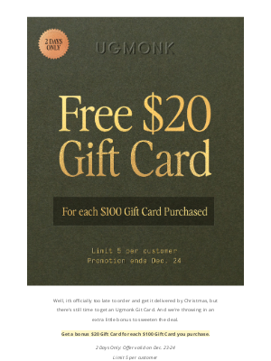 Ugmonk - Free $20 Gift Card when you purchase $100 Gift Card