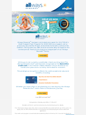 Allegiant Air - Vote for Allways Rewards® Plus Enjoy a Special Offer