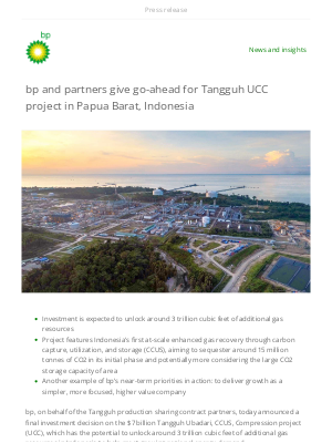 BP - bp and partners give go-ahead for Tangguh UCC project in Papua Barat, Indonesia