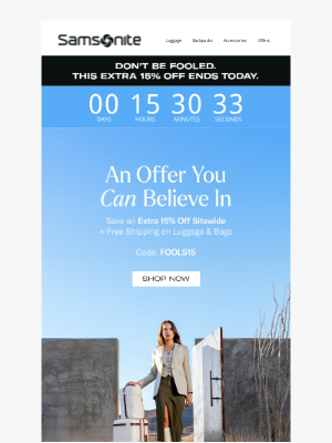 Samsonite - Last Day to Save an Extra 15% Off + Free Shipping