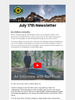 Six Moon Designs - SMD - July 17th Newsletter