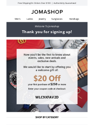 Jomashop - 👋 Welcome! Here's $20 off* your first order 👋