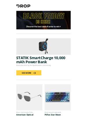 Massdrop - STATIK SmartCharge 10,000 mAh Power Bank, American Optical Checkmate Polarized Aviator Sunglasses, Piifox Star Moon Translucent PBT Keycap Set and more...