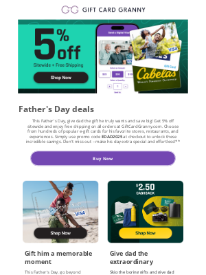 Gift Card Granny - DON'T MISS OUT: 5% Off + Free Shipping for Father's Day!
