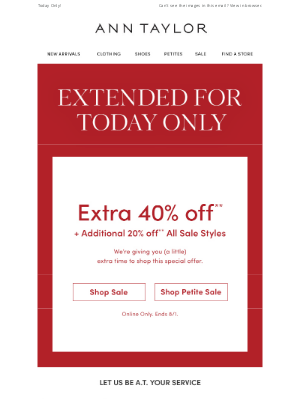 Ann Taylor - EXTENDED: Extra 40% Off + Additional 20% Off Sale