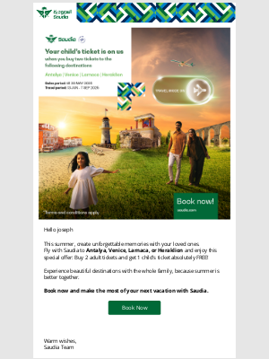 SAUDIA (Saudi Arabia) - Fly with Saudia – Buy 2 Tickets, Get 1 Free for a Child! 🌍