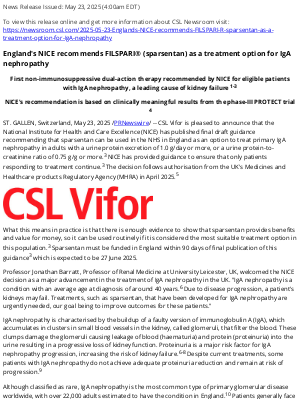 CSL Computer - England's NICE recommends FILSPARI® (sparsentan) as a treatment option for IgA nephropathy