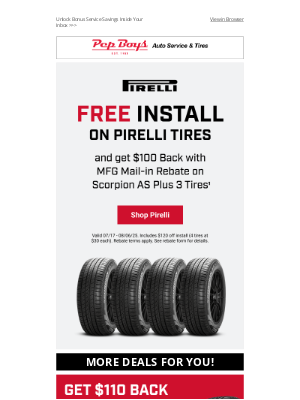 Pep Boys - Just Days Left: FREE Install + $100 Back on Pirelli Tires ⏰
