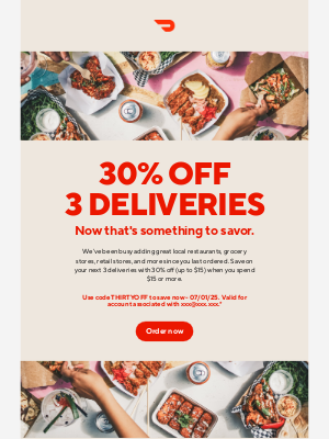 DoorDash - 30% off 3 delivery orders just for you.