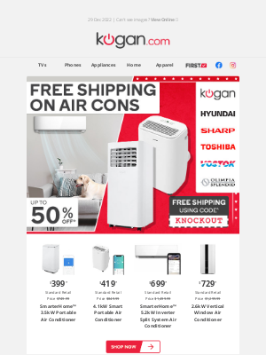 Kogan (AU) - ❄️ Air Conditioners: Up to 50% OFF* & Free Shipping^ in Boxing Day Sale!