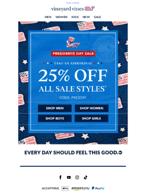 Vineyard Vines - Extra 25% Off All Sale For Presidents Day!