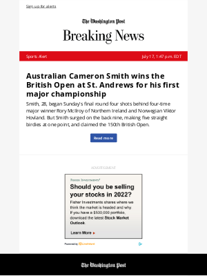 Washington Post - Sports Alert: Australian Cameron Smith wins the British Open at St. Andrews for his first major championship