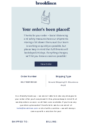 order confirmation email example from Brooklinen