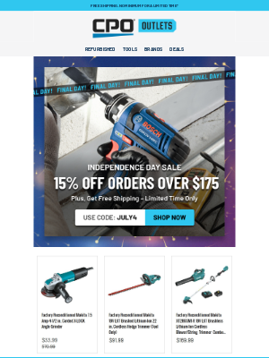 CPO Outlets - Ends Tonight! Extra 15% Off Tools + Free Shipping
