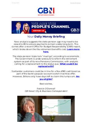 GB News (United Kingdom) - State pension age could hit 80 | Pension triple lock 'must go' | Santander to axe free £180 deal