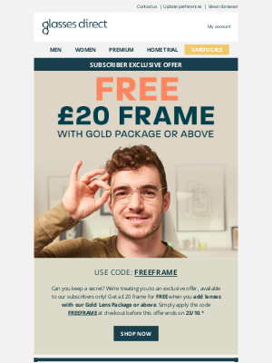 Glasses Direct (United Kingdom) - Subscriber Exclusive: Get a FREE £20 frame