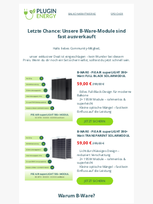 Pluginenergy (Germany) - Fast ausverkauft – unsere B-Ware Solarmodule für nur 59 €