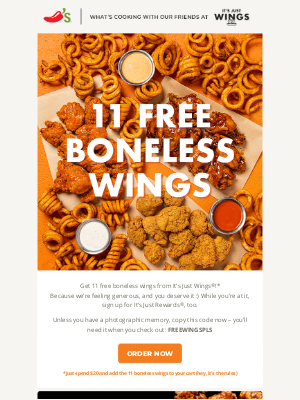 Chili's Grill & Bar - 11 Free Boneless Wings from It's Just Wings 🍗