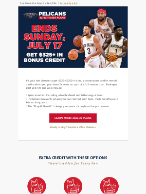 New Orleans Pelicans - Ends Sunday: Up to $2200 Bonus Credit w/ Ticket Plans