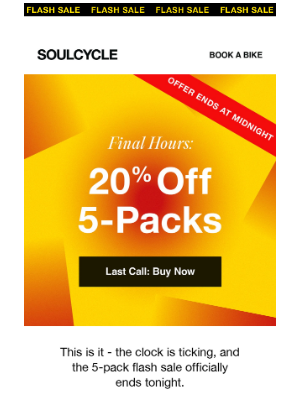 SoulCycle - 🚨 Final hours: 5-pack Flash Sale ends tonight! 🚨