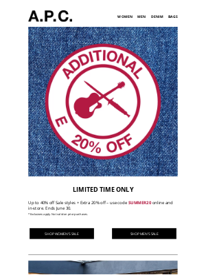 APC - Up to 40% off + Extra 20% off Sale styles