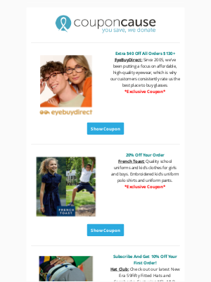 Coupon Cause - Exclusive Savings! 💫 | $45 Off at CheapOair.com | $40 Off at EyeBuyDirect | 20% Off at French Toast