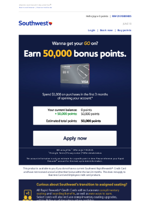 Southwest Airlines - Joyce, you’re invited! Earn 50,000 points plus first checked bag free.