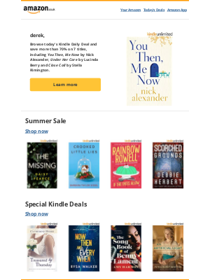 Amazon (UK) - Kindle Deal of the Day: You Then, Me Now by Nick Alexander and more from 99p