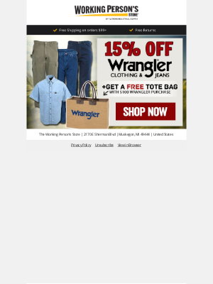 Working Person's Store - Take 15% Off Wrangler + Get A Free Tote Bag.