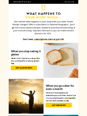 National Geographic - These are the instant benefits of giving up sugar. How about gluten or alcohol? Subscribe to find out, just $10.