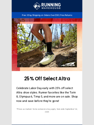Running Warehouse - 25% Off Altra Labor Day Sale