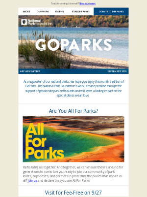 National Park Foundation - GOPARKS: Be All For Parks, Enjoy A Fee-Free Day, Leave No Trace, Join Our Next Webinar, and Much More