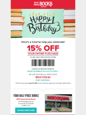 Half Price Books - Happy Birthday, Ashley! Treat Yourself to 15% Off Your Next Purchase!
