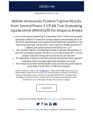AbbVie - AbbVie Press Release: AbbVie Announces Positive Topline Results from Second Phase 3 UP-AA Trial Evaluating Upadacitinib (RINVOQ®) for Alopecia Areata