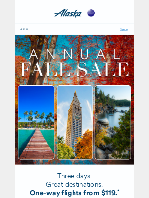 Alaska Airlines - Annual Fall Sale: One-way flights from $119