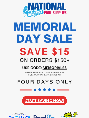 National Discount Pool Supplies - $15 OFF for Memorial Day ☀️